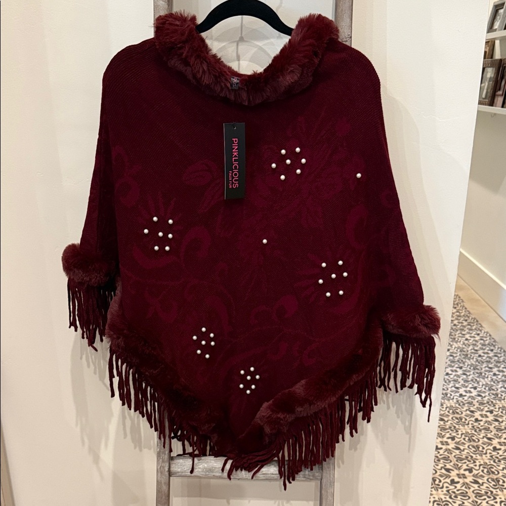 PINKLICIOUS Burgundy Cape with Fringe and pearls